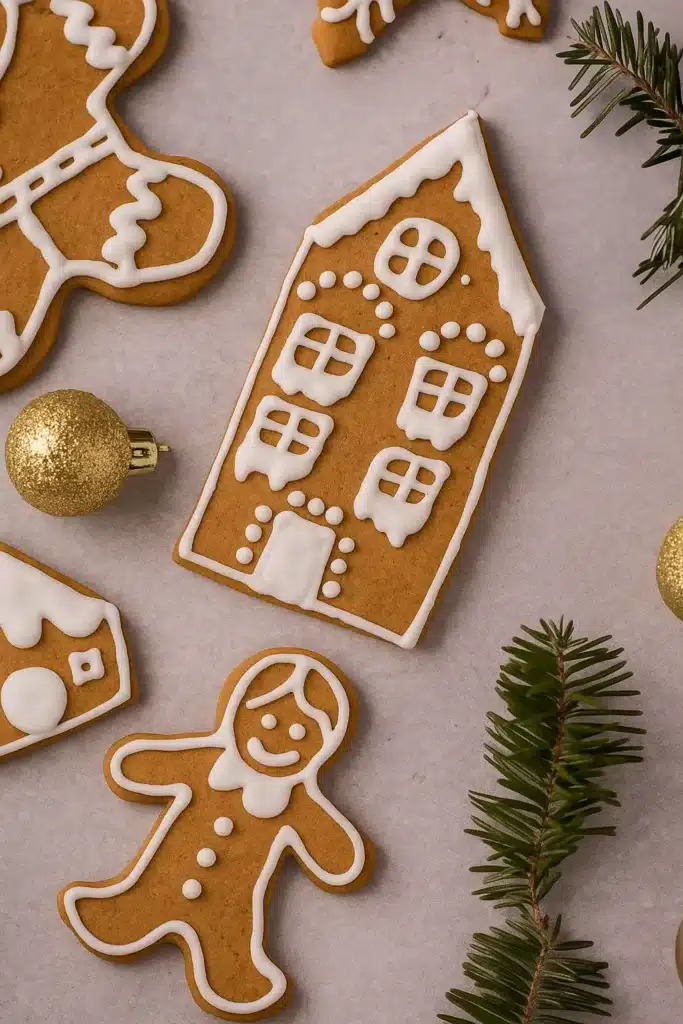 Festive gingerbread cookies decorated with white icing on light gray surface