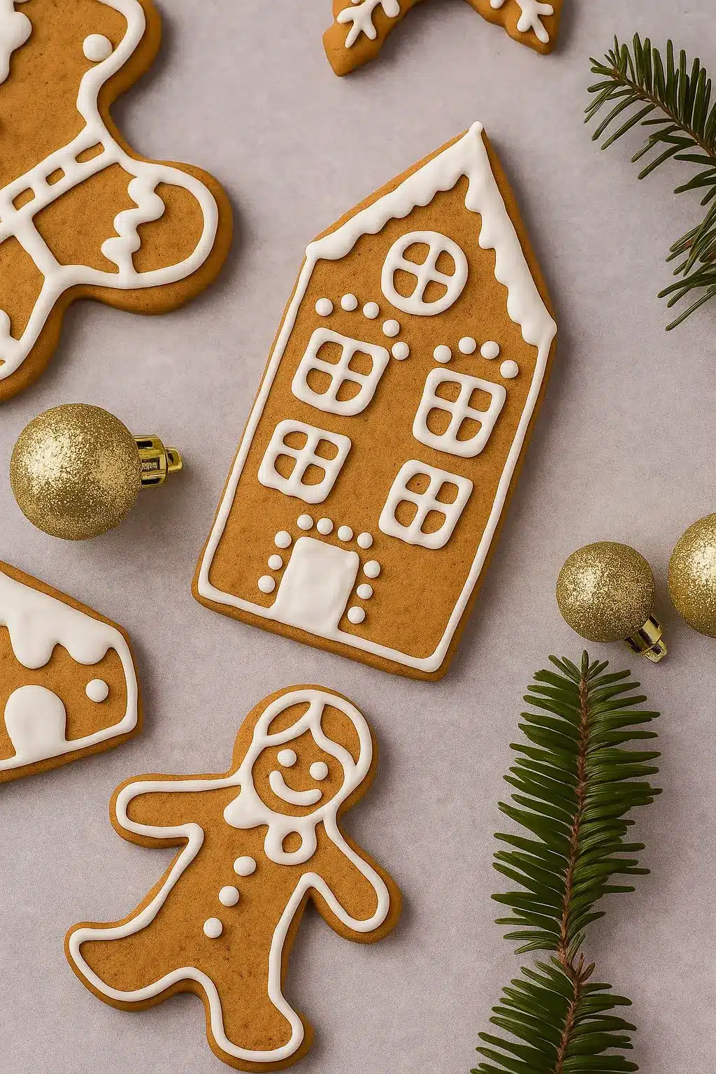 Easy Gingerbread Cookies decorated with white icing on a festive surface