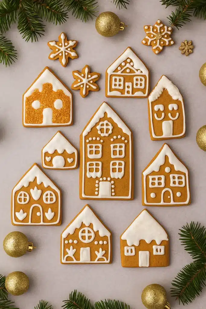 Easy Gingerbread Cookies | Crispy, Festive & Fun to Make 16 Easy Gingerbread Cookies decorated as holiday houses with white icing