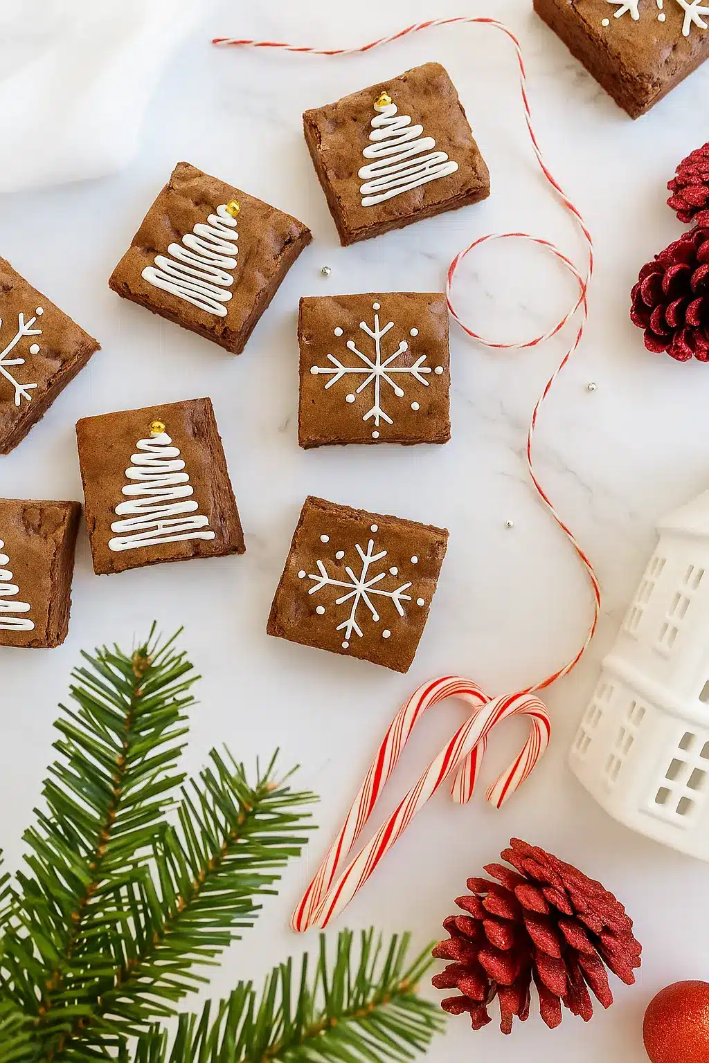 Easy Christmas brownies with icing snowflakes and tree designs on a holiday table
