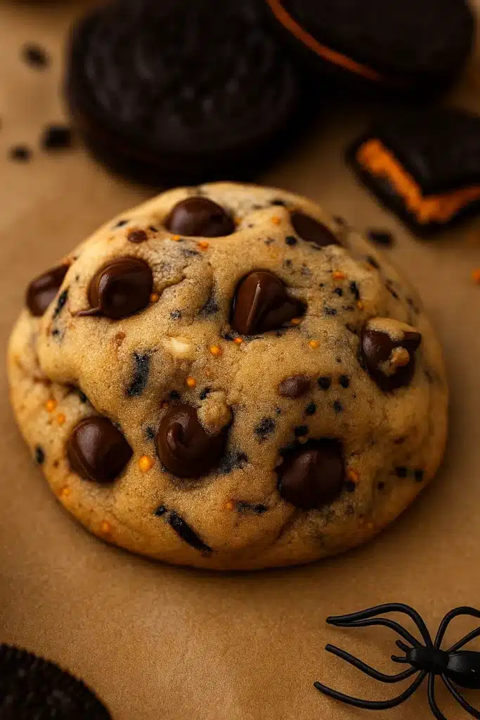 Easy Halloween Oreo Stuffed Chocolate Chip Cookie on parchment