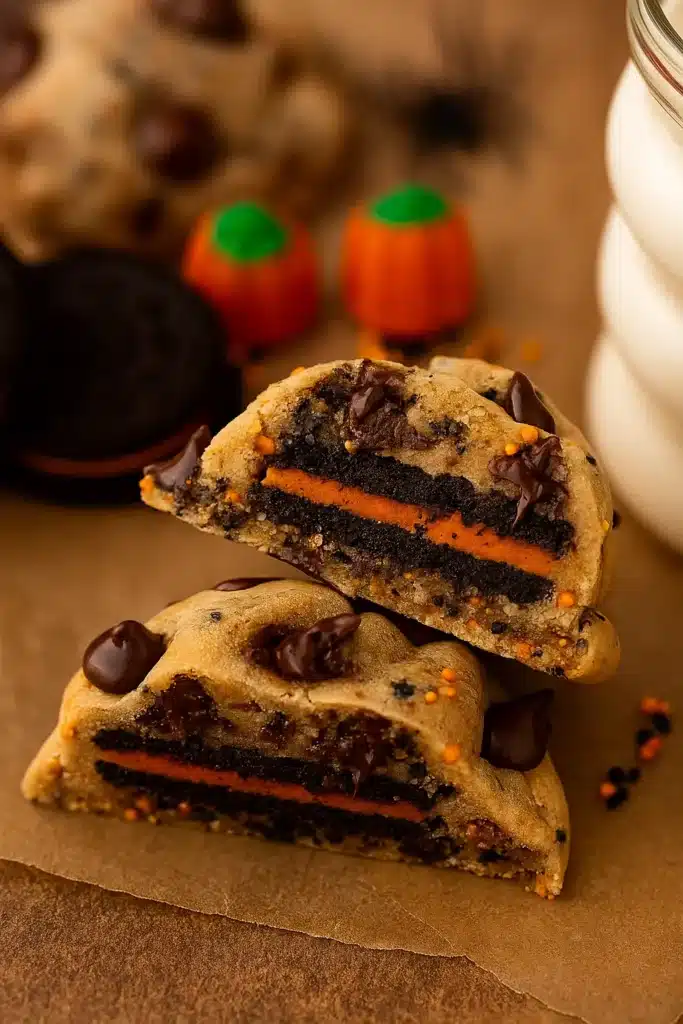 Easy Halloween Oreo Stuffed Chocolate Chip Cookies with milk and pumpkin candies