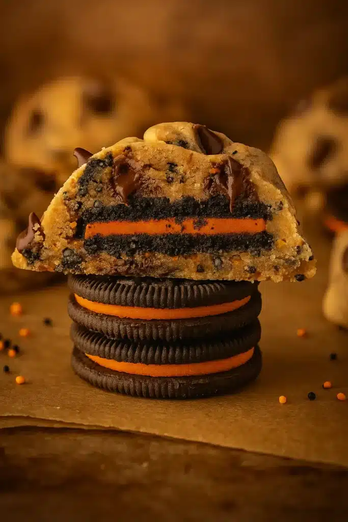 Easy Halloween Oreo Stuffed Chocolate Chip Cookie on Oreo stack