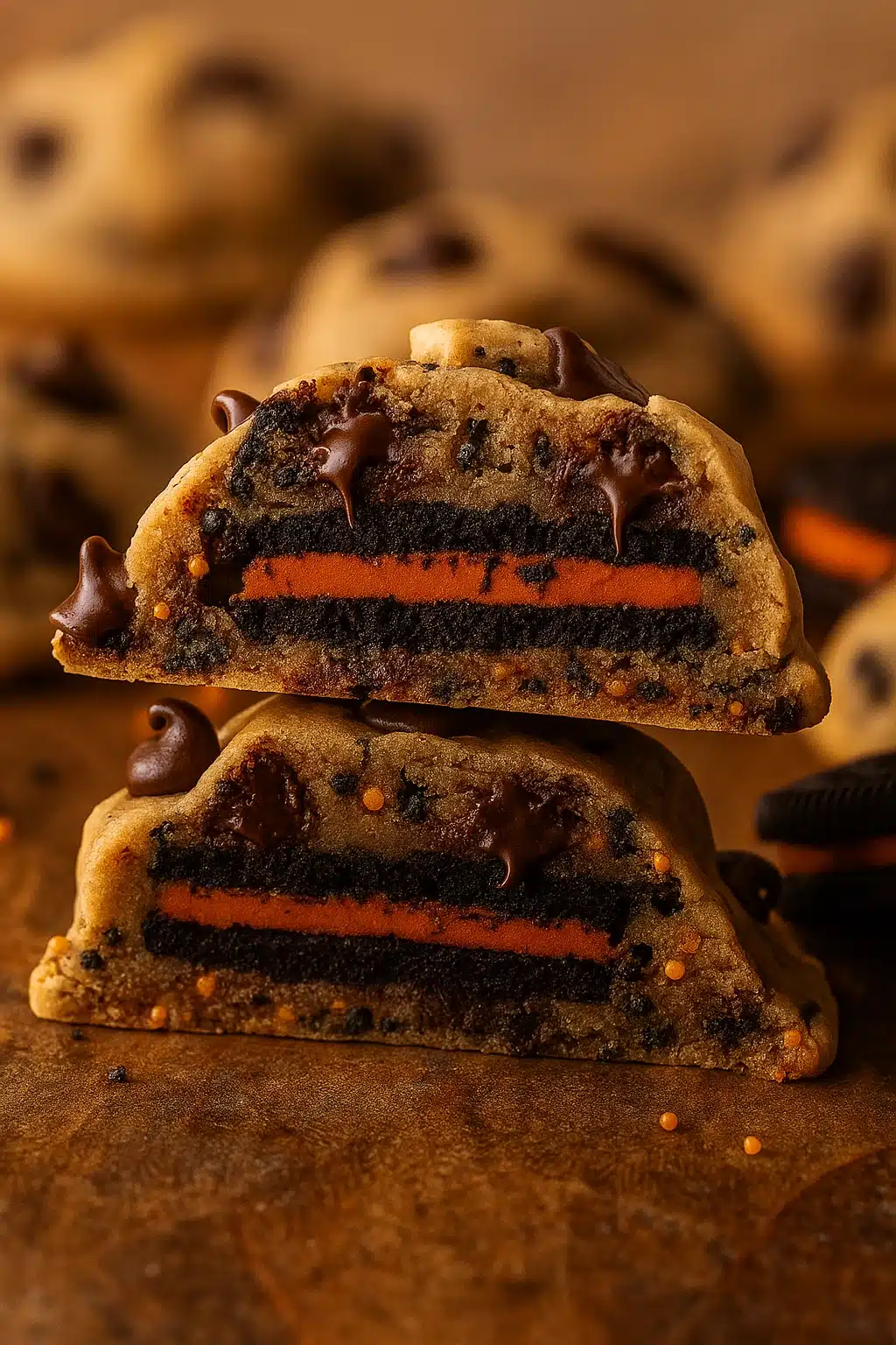 Easy Halloween Oreo Stuffed Chocolate Chip Cookies with orange crème filling