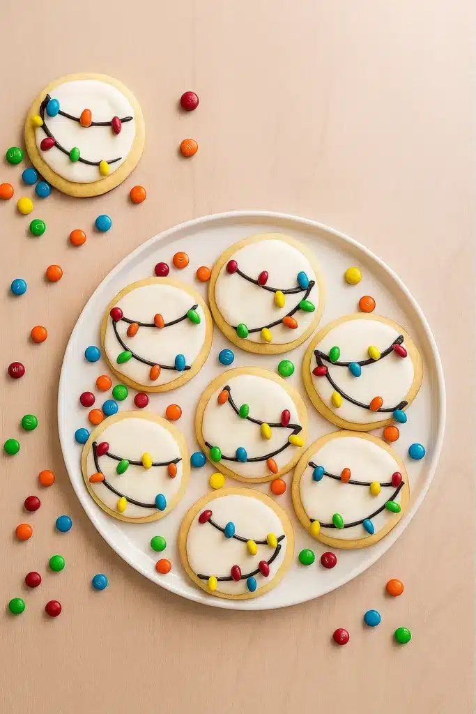 Christmas Lights Cookies – Easy, Festive, and Fun 9 Christmas Lights Cookies on a white plate with colorful candies