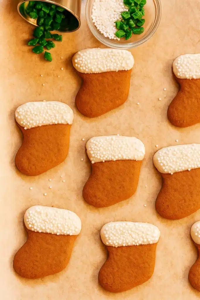 Christmas stocking cookies with white frosting and sprinkles on parchment