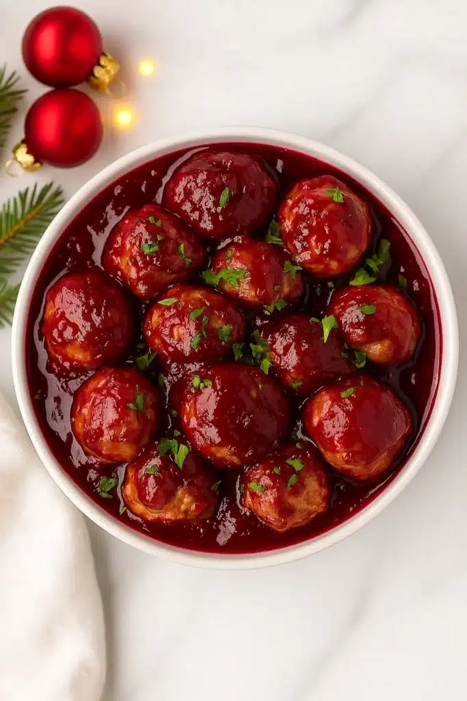 Cranberry Meatballs Recipe – Sweet, Quick & Festive Favorite 9 Cranberry meatballs served in a white bowl with festive holiday decorations