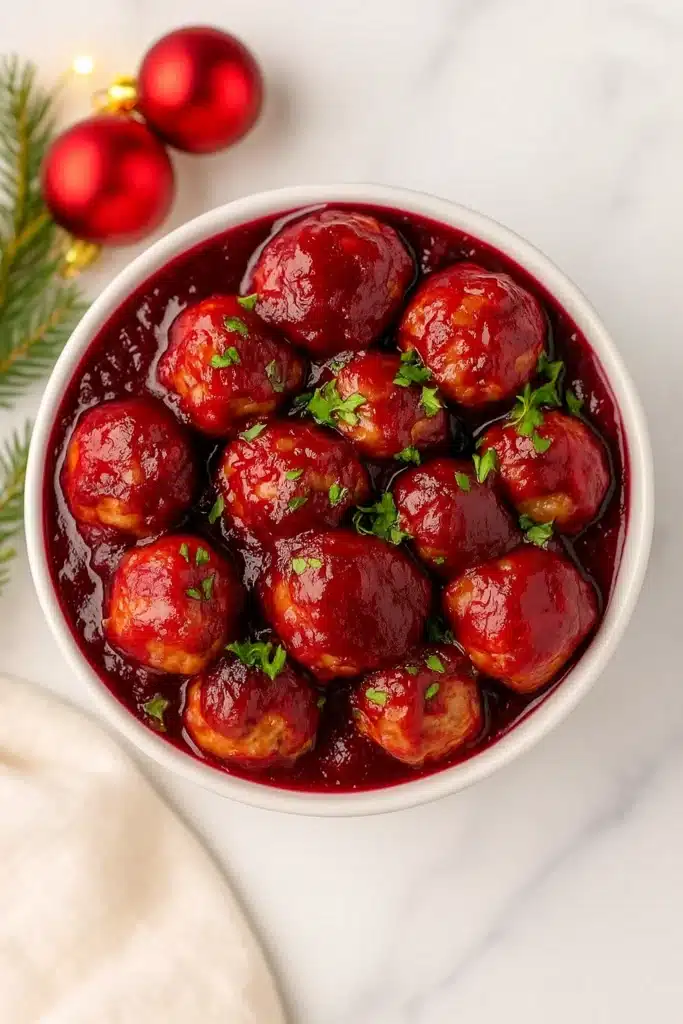Cranberry Meatballs Recipe – Sweet, Quick & Festive Favorite 10 Cranberry meatballs served in a white bowl with festive holiday decorations