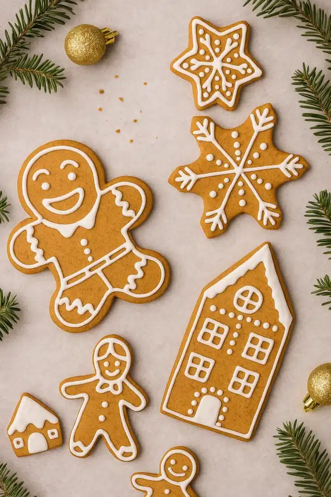Easy Gingerbread Cookies | Crispy, Festive & Fun to Make 18 Easy Gingerbread Cookies decorated with white icing and festive designs
