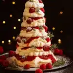 Pavlova Christmas Tree dessert with raspberries, cream, and golden star topper