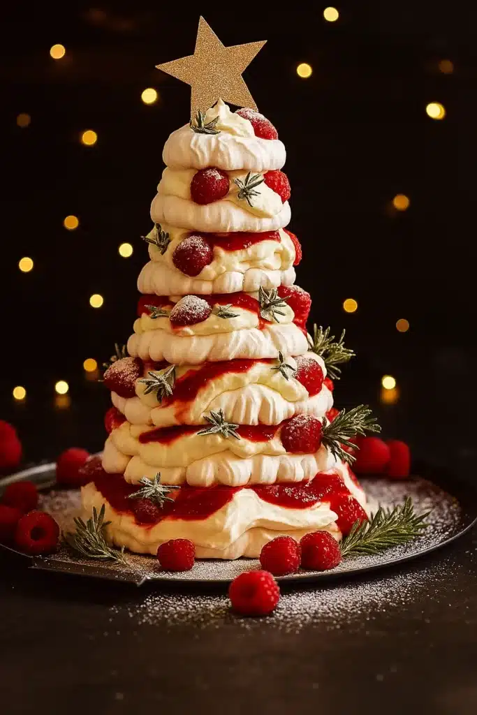Pavlova Christmas Tree dessert with raspberries, cream, and golden star topper