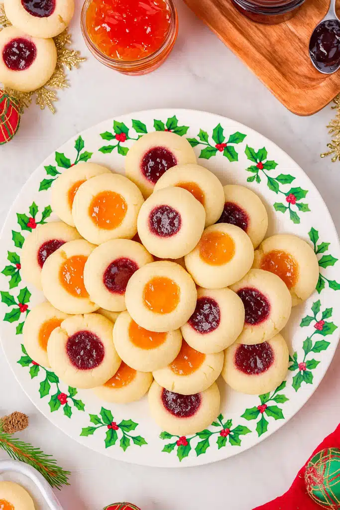 Plate of thumbprint cookies with raspberry and apricot jam centers