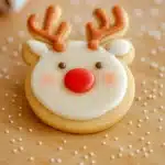 Christmas Cookies – Easy, Festive & Amazing Treats 9 Christmas cookies shaped like a reindeer with royal icing and red nose on wooden surface
