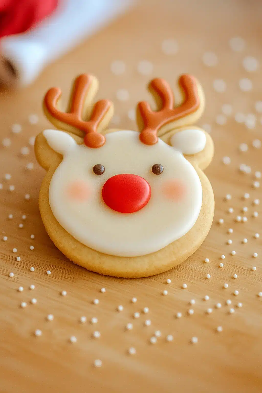 Christmas cookies shaped like a reindeer with royal icing and red nose on wooden surface