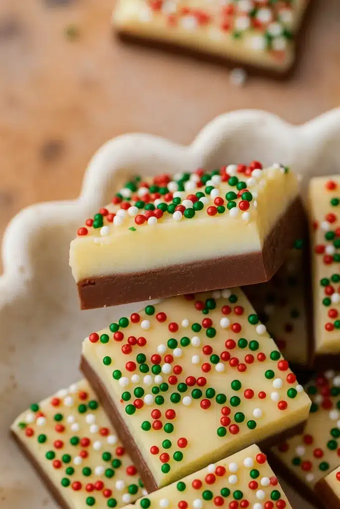 the best christmas fudge Recipe featuring creamy chocolate layers and colorful holiday sprinkles on a festive plate
