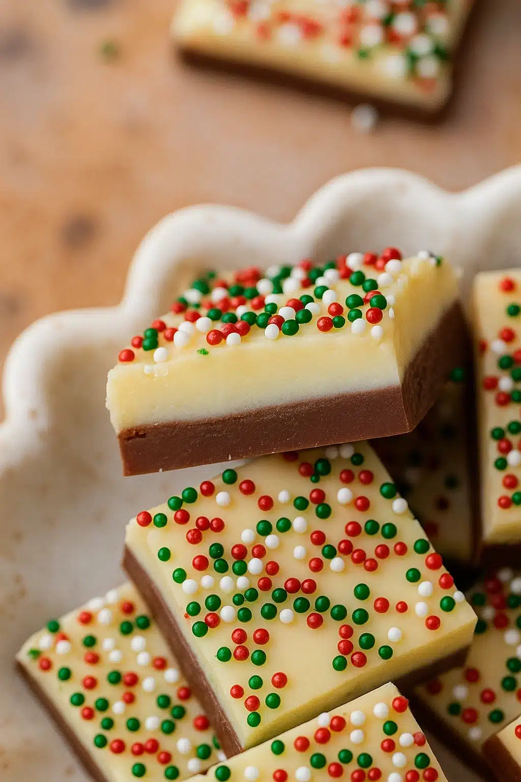 the best christmas fudge Recipe featuring creamy chocolate layers and colorful holiday sprinkles on a festive plate