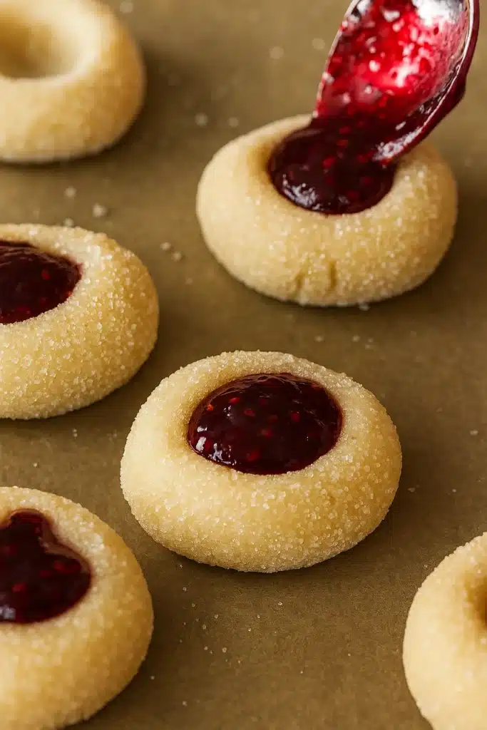 Classic Thumbprint Cookies – Easy, Sweet & Irresistible 11 Spooning raspberry jam into thumbprint cookie dough