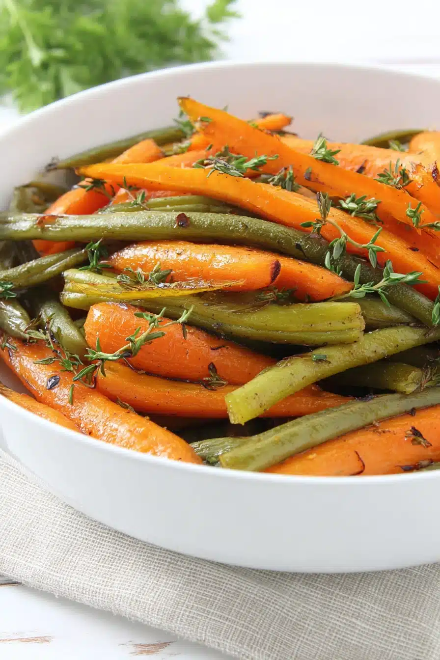 Flavorful roasted carrots and green beans with honey glaze in white bowl