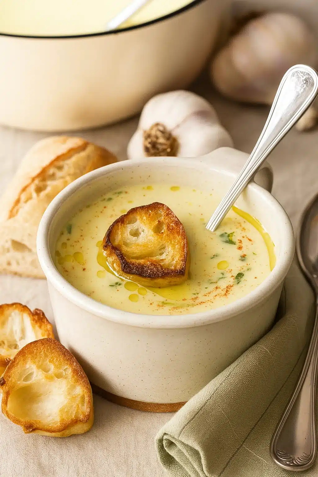 Bowl of French garlic soup with toasted bread and olive oil drizzle