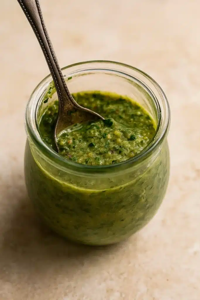 Chimichurri Flank Steak | Juicy & Bold Dinner Recipe 8 Homemade chimichurri sauce in glass jar with spoon