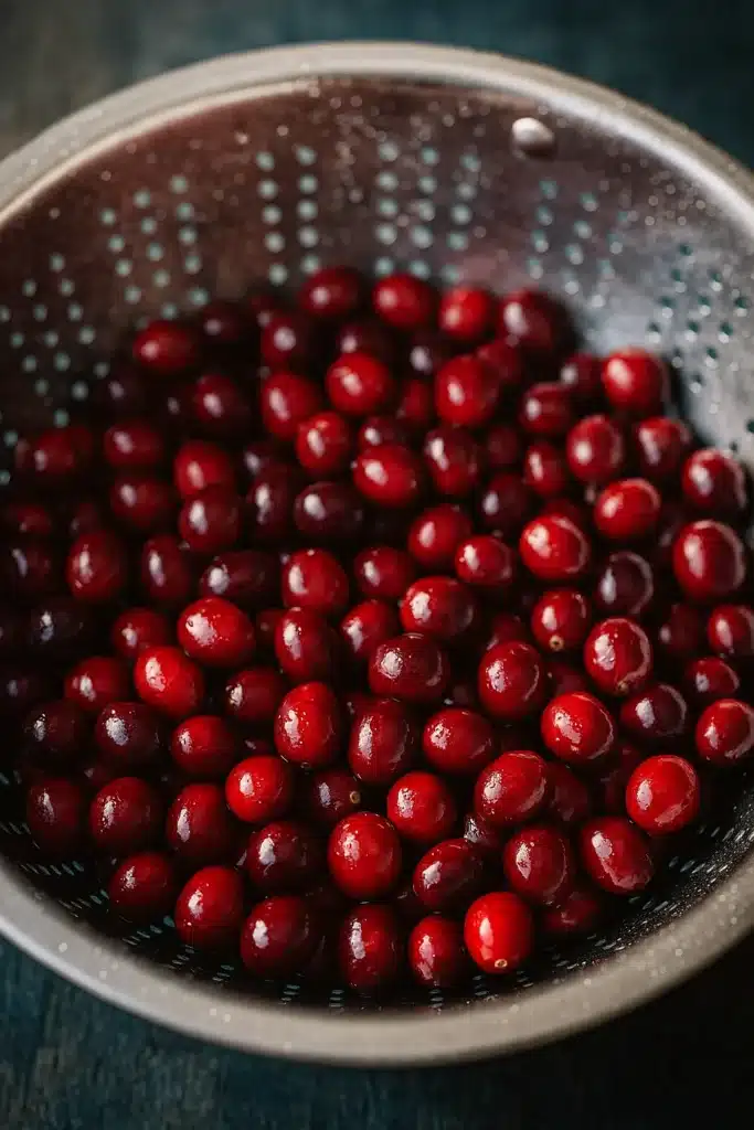 Fresh cranberries in colander rinsed for honey bourbon cranberry sauce