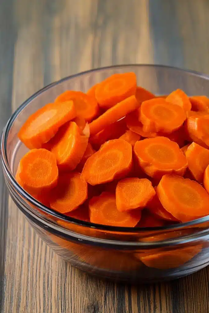 Freshly sliced carrots in a glass bowl for glazed carrots recipe