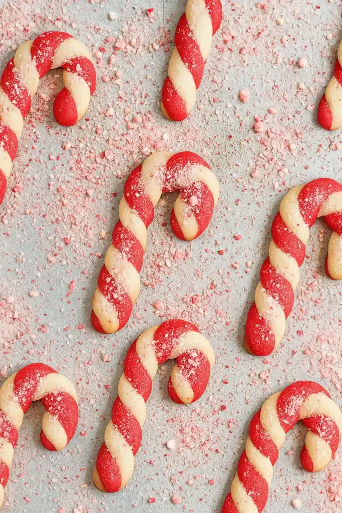 Christmas candy cane cookies with peppermint sugar on baking tray