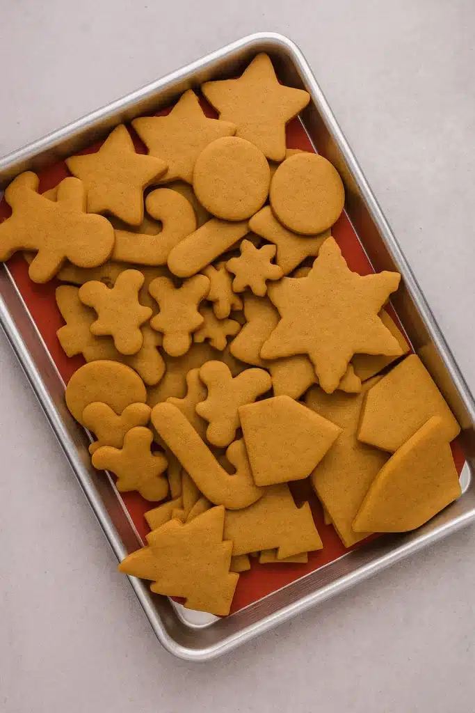 Easy Gingerbread Cookies | Crispy, Festive & Fun to Make 12 Easy Gingerbread Cookies freshly baked on tray with red mat