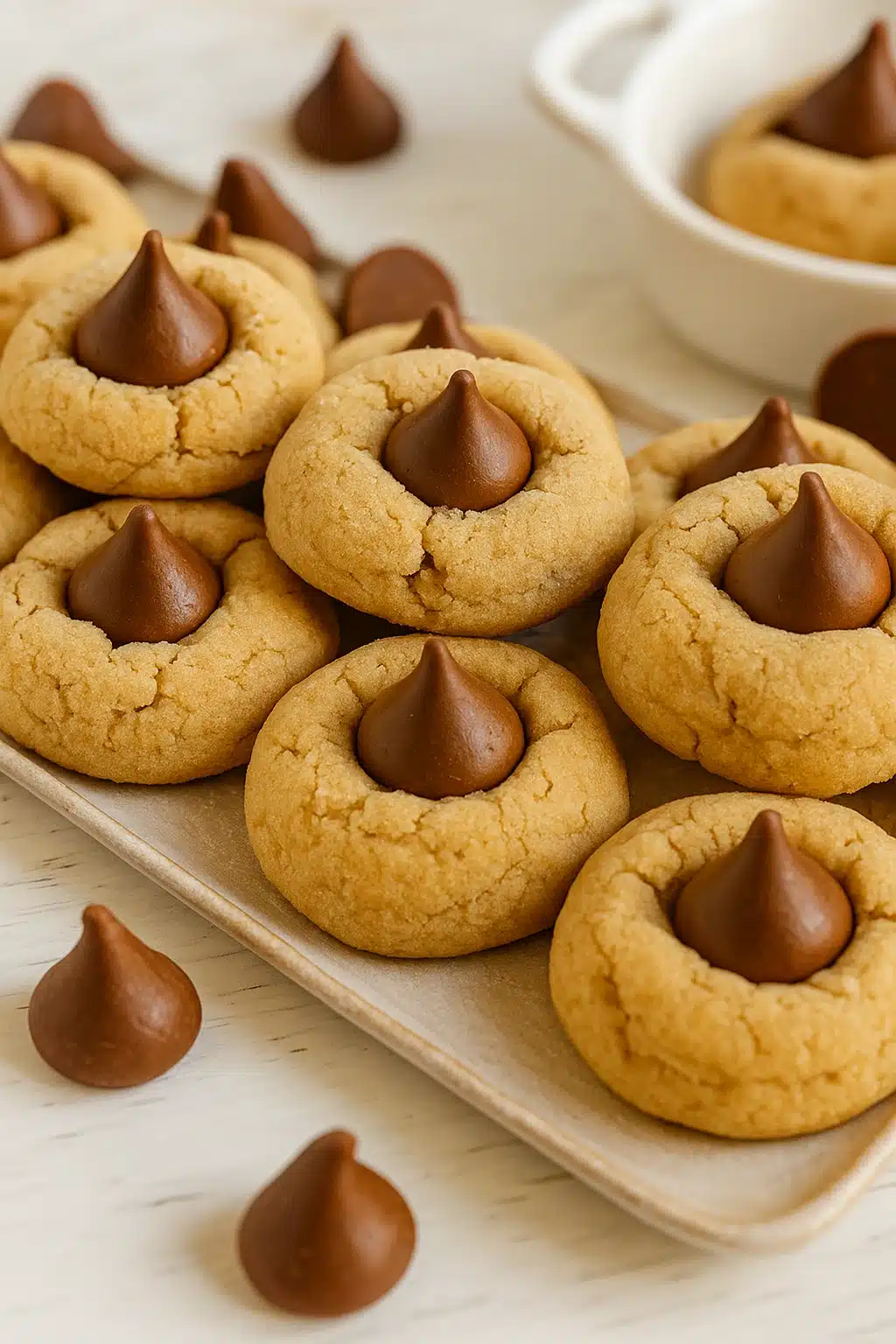 Peanut Butter Blossoms cookies with chocolate centers on a white tray