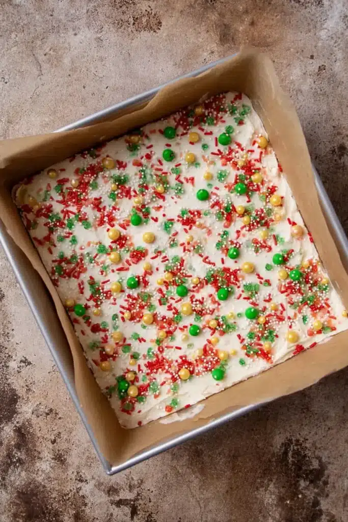 Christmas Sugar Cookie Bars – Soft, Sweet & Irresistible 16 Frosted Christmas sugar cookie bars in pan with sprinkles