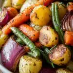 Garlic Herb Roasted veggies with golden potatoes, carrots, and herbs in a white bowl