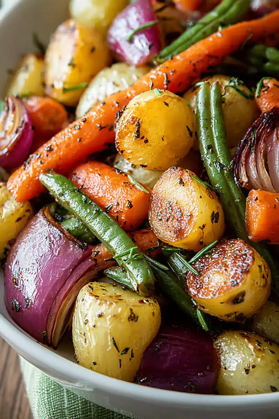 Garlic Herb Roasted veggies with golden potatoes, carrots, and herbs in a white bowl