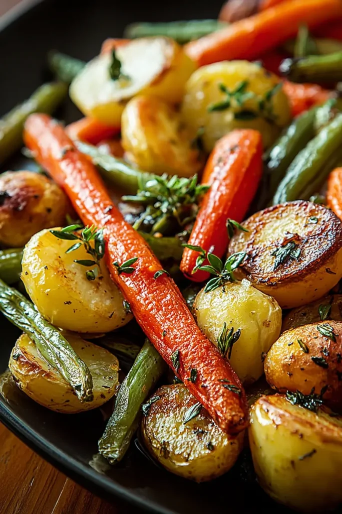 Garlic Herb Roasted veggies with carrots, potatoes, and thyme on dark plate