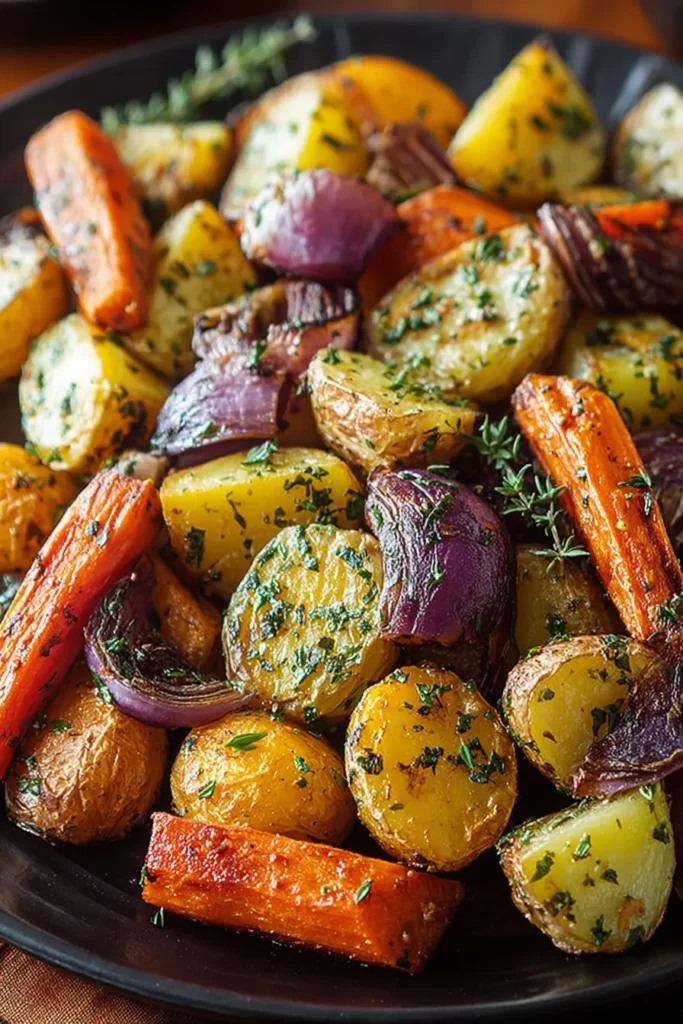 Garlic Herb Roasted veggies with golden potatoes, carrots, and red onions