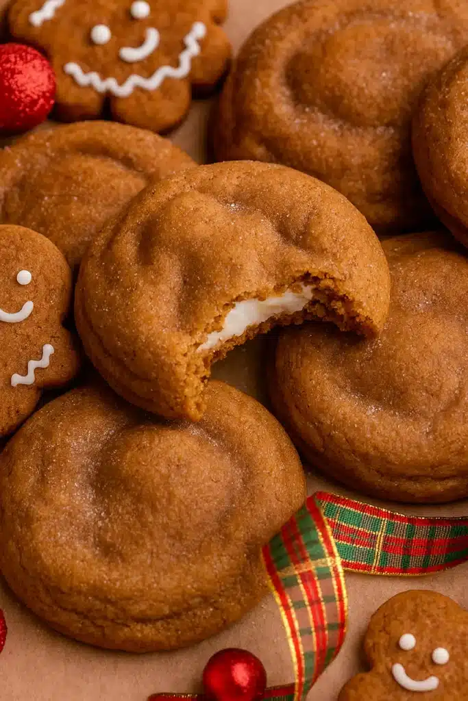 Bitten gingerbread cheesecake cookie showing creamy center with holiday ribbon