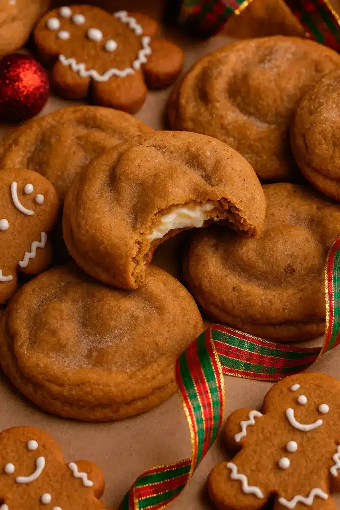 Gingerbread Cheesecake Cookies | Easy Holiday Treat 13 Bitten gingerbread cheesecake cookie with creamy filling and holiday ribbon