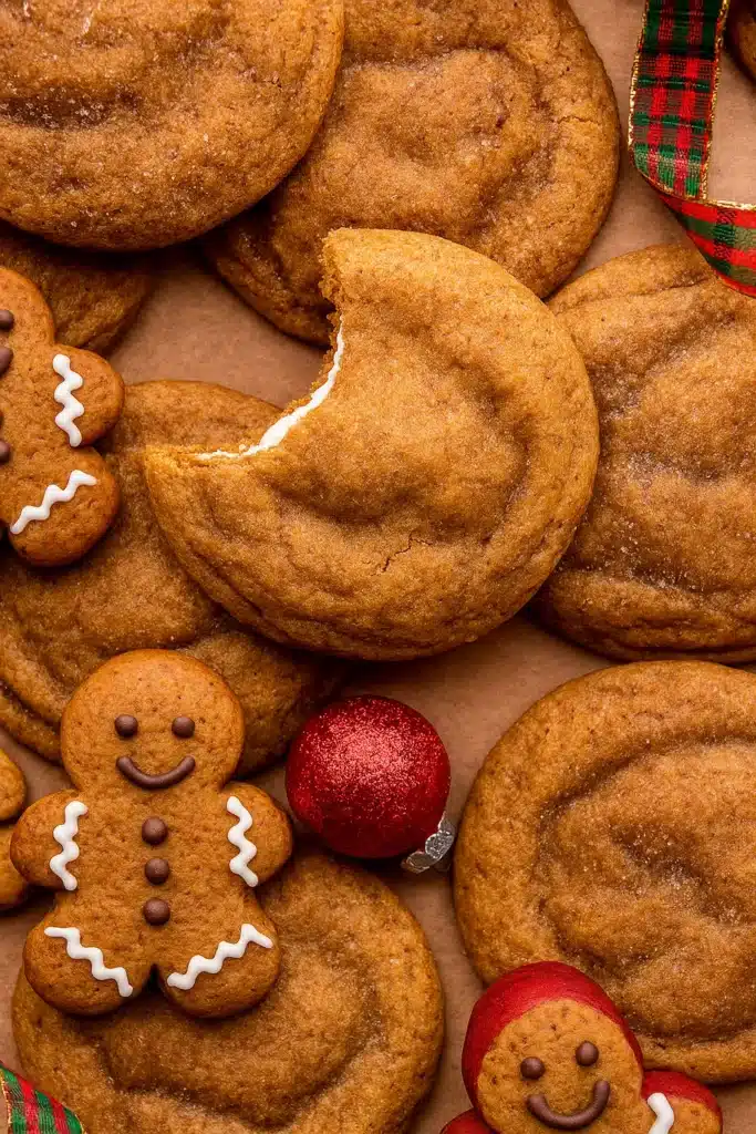 Gingerbread Cheesecake Cookies | Easy Holiday Treat 15 Top view of bitten gingerbread cheesecake cookie with festive ribbon and ornaments