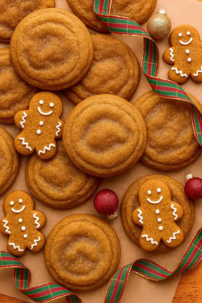 Gingerbread Cheesecake Cookies | Easy Holiday Treat 11 Flat lay of gingerbread cheesecake cookies with gingerbread men and Christmas decor