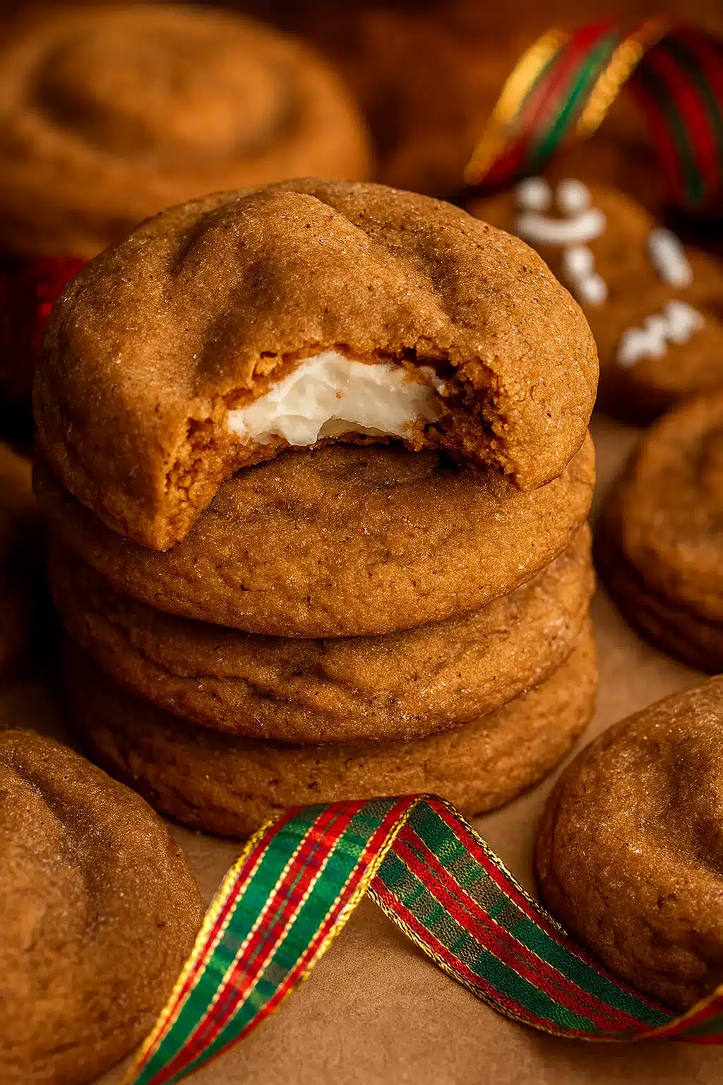 Stack of gingerbread cheesecake cookies with creamy filling on rustic table