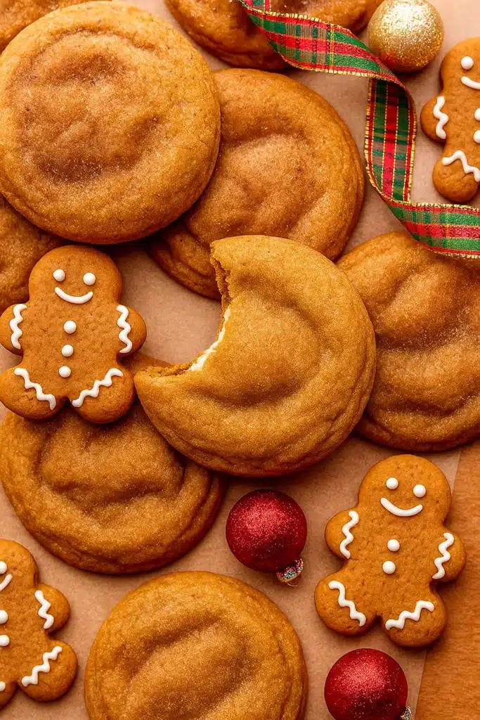 Gingerbread Cheesecake Cookies | Easy Holiday Treat 10 Flat lay of gingerbread cheesecake cookies with gingerbread men and festive ribbon