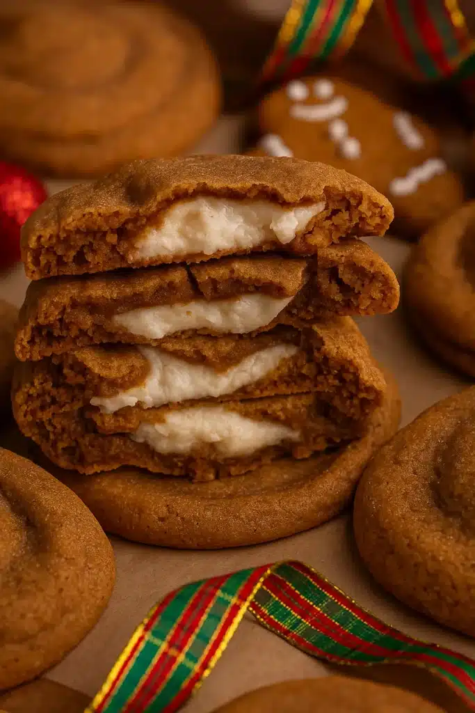 Gingerbread Cheesecake Cookies | Easy Holiday Treat 12 Stacked gingerbread cheesecake cookies showing creamy filling