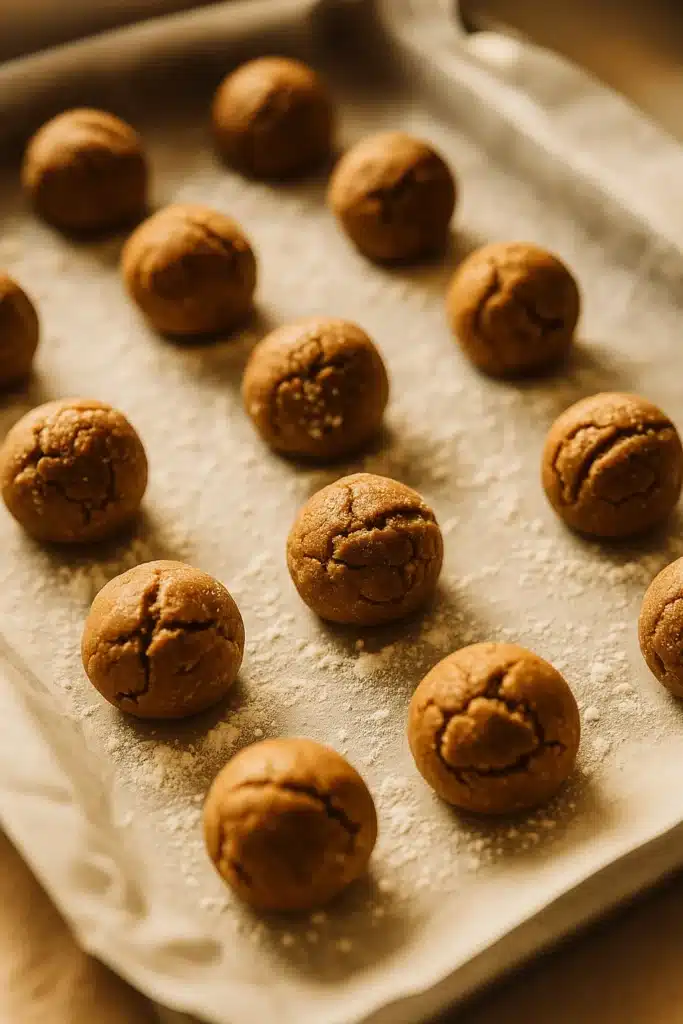Crinkle Cookies – Soft, Spiced & Absolutely Delicious 12 Gingerbread crinkle cookie dough balls on baking tray before baking