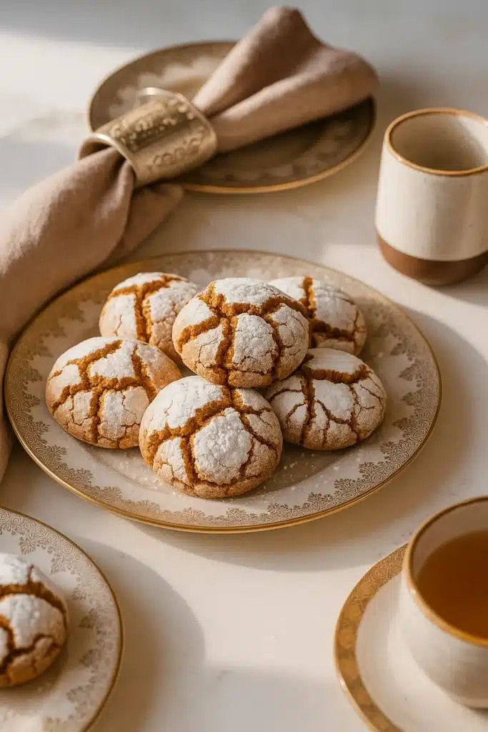 Crinkle Cookies – Soft, Spiced & Absolutely Delicious 17 Gingerbread crinkle cookies on gold-rimmed plate with coffee cup and napkin