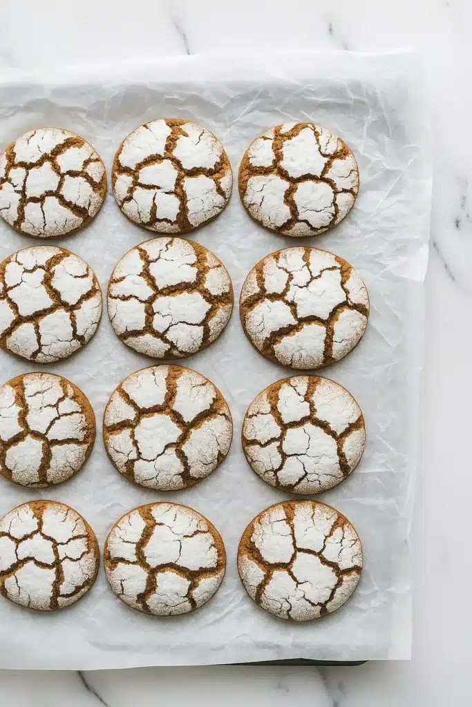 Crinkle Cookies – Soft, Spiced & Absolutely Delicious 11 Freshly baked gingerbread crinkle cookies on parchment paper