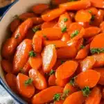 Glazed Carrots Recipe | Simple & Delicious Holiday Side 8 Glazed carrots with butter and parsley in a cream bowl on a wooden table