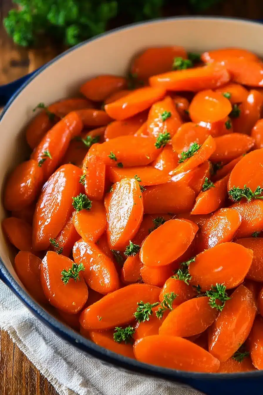Glazed carrots with butter and parsley in a cream bowl on a wooden table