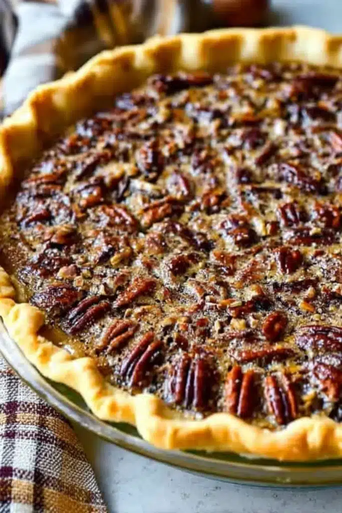 Freshly baked Southern pecan pie with golden crust and caramelized pecans
