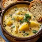 Chicken Pot Pie Soup Recipe | Amazing Creamy Comfort Classic 8 Chicken Pot Pie Soup Recipe in a rustic bowl with toasted bread and herbs