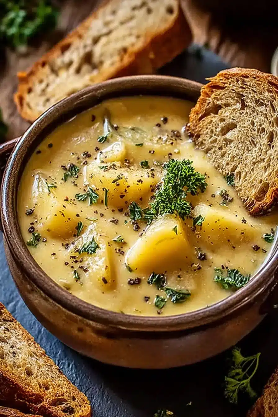 Chicken Pot Pie Soup Recipe in a rustic bowl with toasted bread and herbs