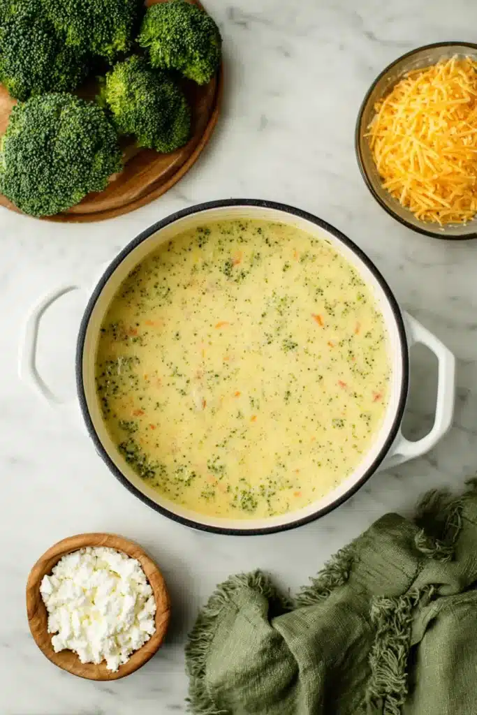 Overhead view of creamy high protein broccoli cheddar soup in white pot